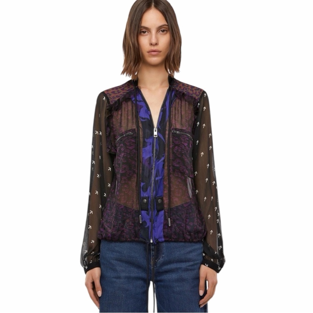 Diesel C-LLA Sheer Mixed Media Graphic Zip-Up Shirt Size S